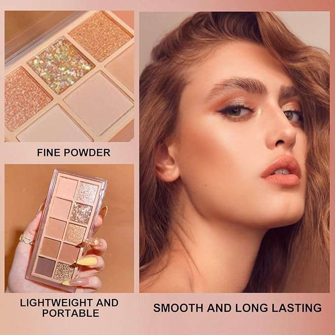 Erinde 10 Colors Eyeshadow Palette Makeup - Matte Shimmer Glitter Gold Brown Eye Shadow Korean Makeup, Ultra-Blendable, High Pigmented, Natural-Looking, Neutral Eyeshadow Palette with Brush, Sunset