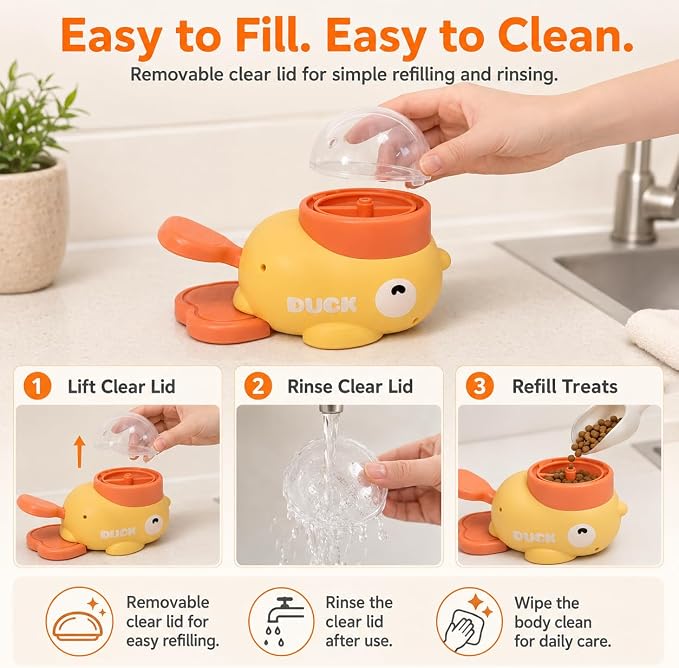 Interactive Dog Puzzle Toy, Cute Duck Treat Dispenser with Anti-Slip Pad, Press-Type Slow Feeder for IQ Training & Boredom Relief, Mental Enrichment for Small Medium Dogs & Cats (Yellow)