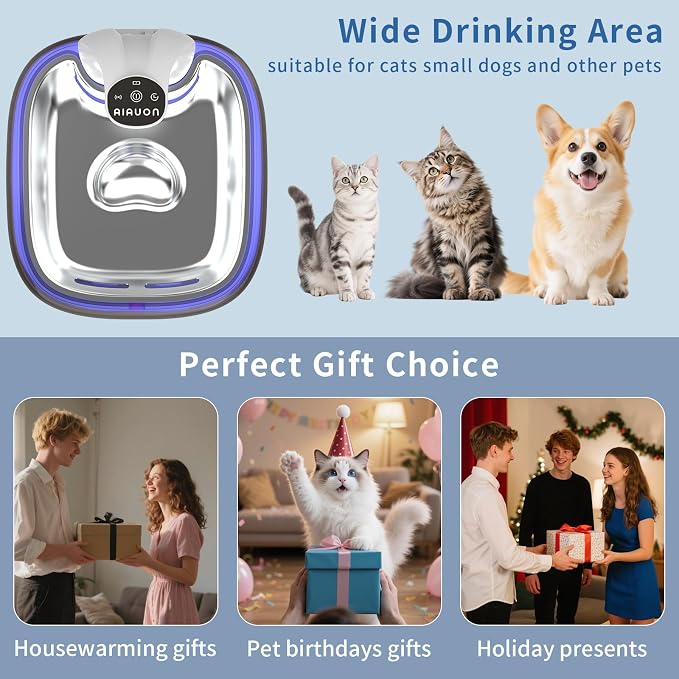 Cat Water Fountain Cordless 118oz/3.5L Wireless & Battery Operated Pet Water Fountain for Indoor Cats, Stainless Steel Tray with Sensor & Timer Modes, Ultra-Quiet, BPA-Free (Cat Fountain+8Filters)
