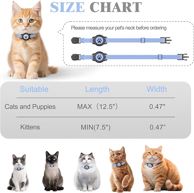 Airtag Cat Collar, Stretchy Kitten Collar with Apple Air Tag Holder, Blue