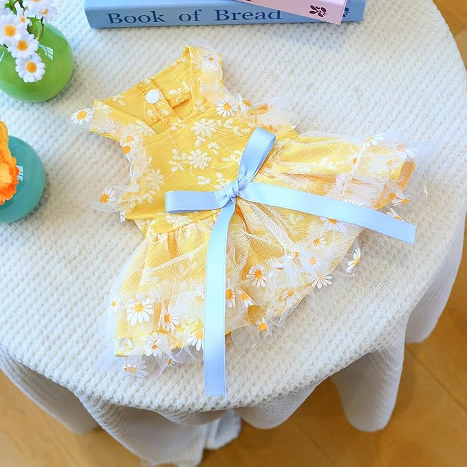 Dog Lace Dress Cat Suspender Skirt (Summer Daisy Suspender Skirt,M) | Summer Autumn Small & Medium Pet Party Dress For Yorkie Maltese Chihuahua Pug Shih Tzu Toy Poodle French Bulldog