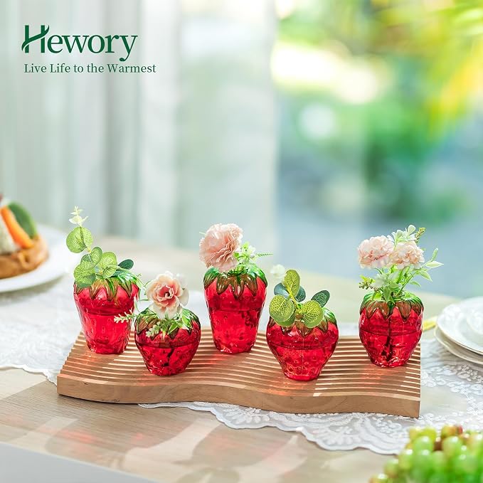 Hewory Cute Glass Strawberry Vases: 5PCS Propagation Vases for Plants | Red Strawberry Decor for Kitchen, Windowsill, Shelves, Gifts for Women, Mother, Novelty Indoor Hydroponic Flower Planter Pot