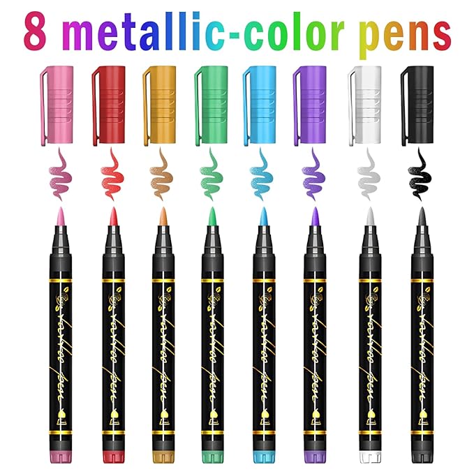 Temporary Tattoo Markers for Kids, 8 Metallic Markers and 135+ Temporary Tattoo Stencils for Christmas Party Favor, Cosmetic Tattoos Pens for Skin, Cartoon Animal