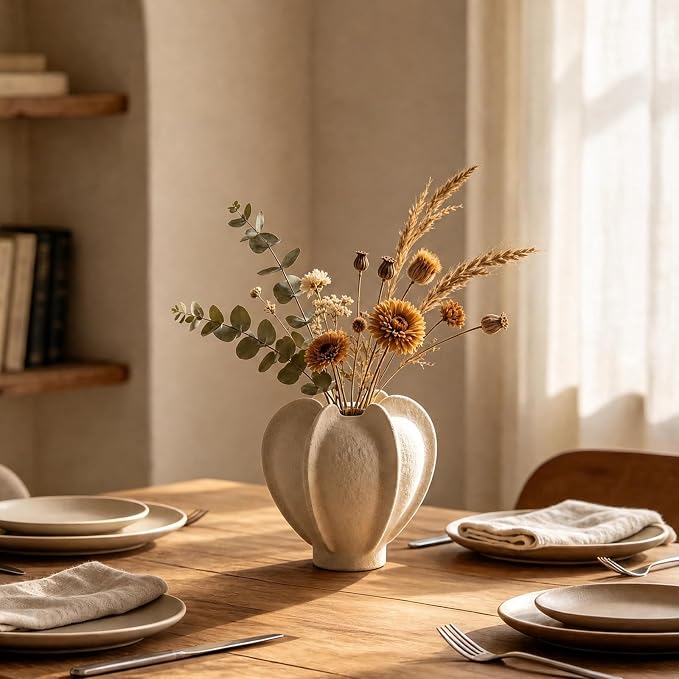 Ceramic Flower Vase Home Decor,5.9" Rustic Vintage Starfruit Shaped Beige Terracotta Vases，Modern Boho Living Room Farmhouse Table Vases Living Room Decor，Shelf Coffee Dining Desk Fireplace