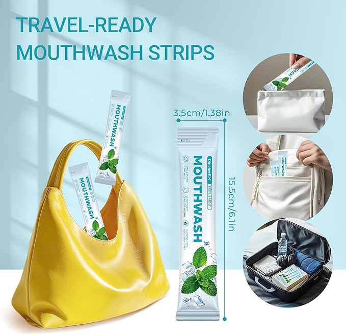 Dincherbel Travel Mouthwash Packets (60 Count) - Alcohol & Fluoride Free Natural Mint Mouth Wash - TSA Approved Individual Packets - Portable, Leak-Proof Sachets for Bad Breath, Gum Health & Dry Mouth