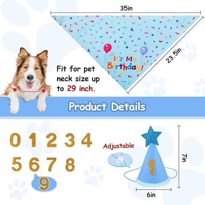 Dog Boy Birthday Party Hat,Dog Birthday Party Supplies,Dog Bandana | Dog Birthday Bandana Set with Numbers for Gaint and Extra Large Dogs (Blue),Dog Birthday Decorations,Dog Birthday Hat