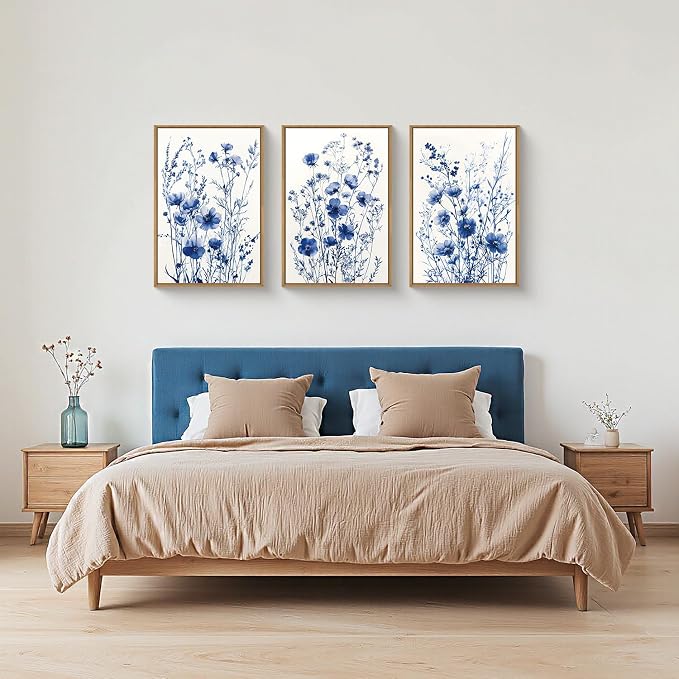 FWIEXA Blue White Wildflower Canvas Wall Art Set of 3, Framed Navy Chinoiserie Watercolor Botanical Pictures Wall Decor, Minimalist Floral Paintings Artwork, 24x36In Florals Prints for Living Room, Bedroom, Bathroom