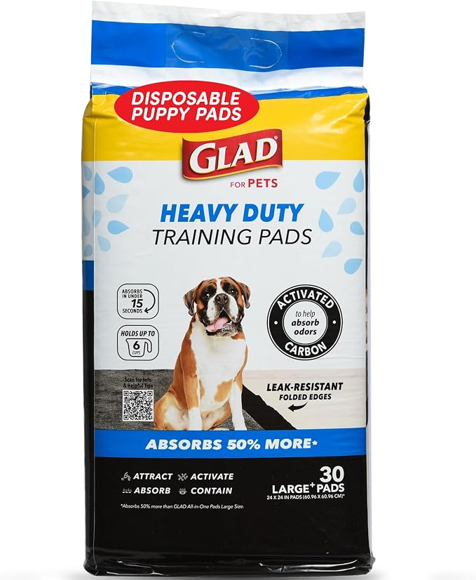 Glad for Pets XL Charcoal Training Pads, Heavy Duty, 24x24 in, 30 Count | Quick-dry quilted top and leak-resistant layers for indoor potty use and crate liners, 24 x 24 in