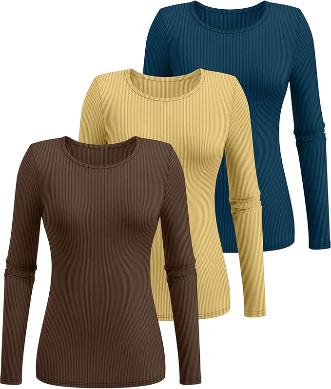 Ficerd 3 Pack Women's Ribbed Long Sleeve Tops, Crew Neck Slim Fit Undershirts Knit Basic Casual Stretch Layering Tee Shirts