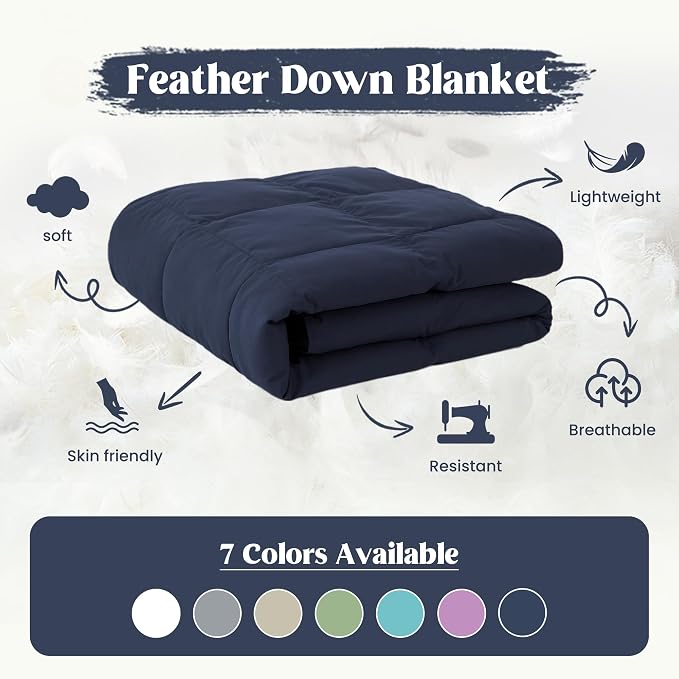 puredown® Soft Feather Down Blanket Lightweight Packable Down & Feather Fill Blanket for Indoor and Outdoor Use, King Size Blankets, 88"X108", Navy