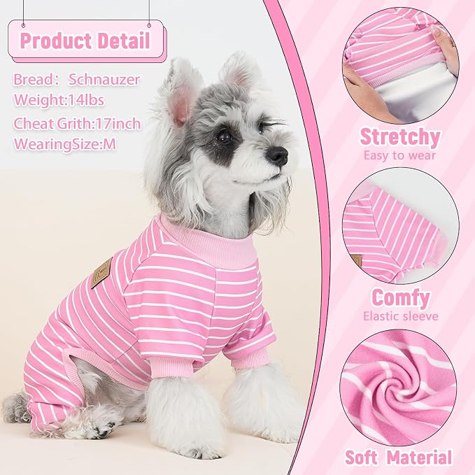 XPUDAC 4 Pack Dog Pajamas Striped Dog Clothes for Small Medium Dogs Girl Boy Comfy Puppy Outfit Doggy Jammies Onesie Pet Costume, Purple, Pink, Orange, L