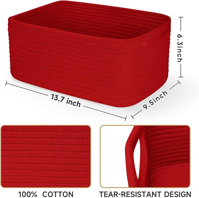 3 Pack Storage Baskets for Organizing, 13.7×9.5×6.3", Red | Woven Baskets for Shelves, Cotton Rope Basket for Gifts Empty, Closet Organizer Bins with Handles, Cube Decorative Box