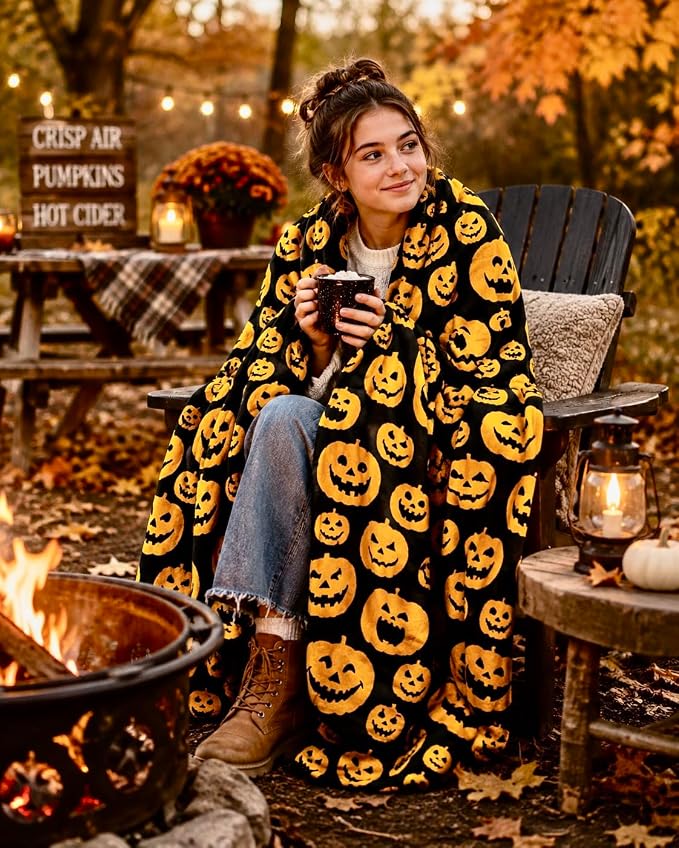 Halloween Fleece Throw Blanket, Cute Scary Jack-O-Lanterns on Black, 50x60 | Ultra-soft cozy flannel fleece, for sofa bed couch chair & dorms, spooky Halloween décor, durable and machine washable.