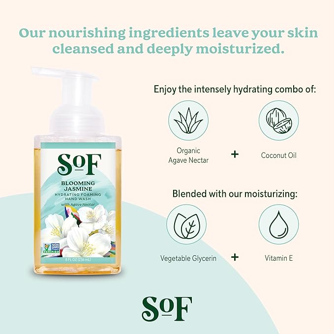 SoF Hydrating Foaming Hand Wash - With Organic Agave Nectar & Coconut Oil- Vegan & Non GMO- Free From Phthalates, Sulfates & Parabens- Blooming Jasmine - 8 oz Bottle 6 Pack