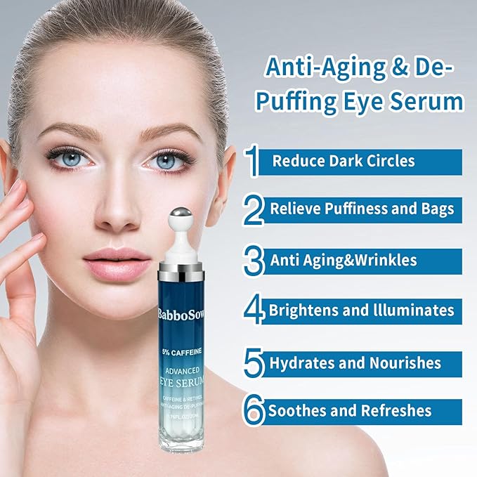 Under Eye Cream for Dark Circles with 5% Caffeine and Retinyl Palmitate, Under Eye Corrector with 360° Roller Massage Ball for Puffy Bags and Fine Lines, 0.76 fl oz