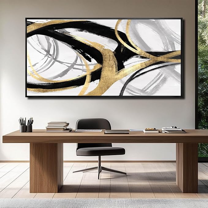 Abstract Wall Art Pictures for Living Room Gold Wall Decor Line Art for Bedroom Kitchen Home Office Decoration Framed Art 24"x48"