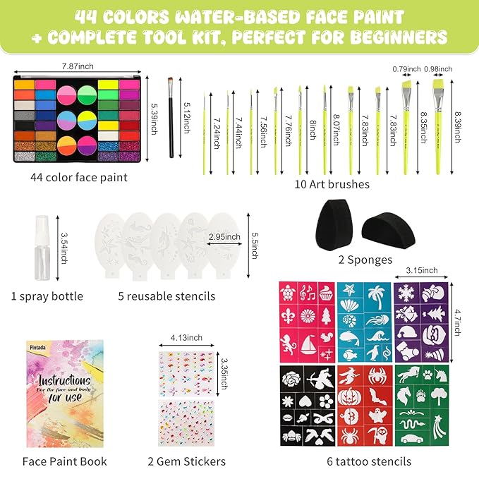 Pintada 44 Color Face Painting Kit for Kids - Non Toxic Water Activated Face Paint Palette with Stencils, Brushes, Gems & Glitter. Halloween, Carnival, Party; Costume Makeup for Creative Activities