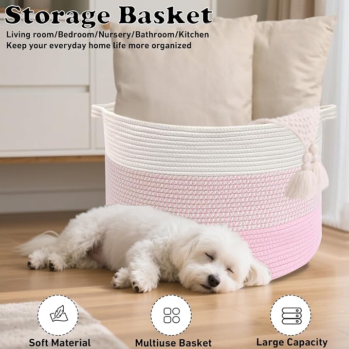 115L Extra Large Blanket Basket,Woven Laundry Basket-Mixed Pink | Collapsible, reinforced handles, nursery storage bin organizes clothes, toys and pillows for living room, bedroom bathroom
