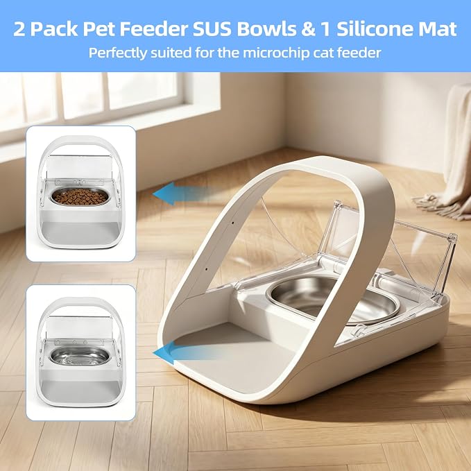 Stainless Steel Bowl and Mat Set for Automatic Microchip Cat Pet Feeder, Sealing Ring Design for Keeping Food Fresh and Reducing Odor, Easy to Clean, SUS 304, Includes 2 Bowls and 1 Mat