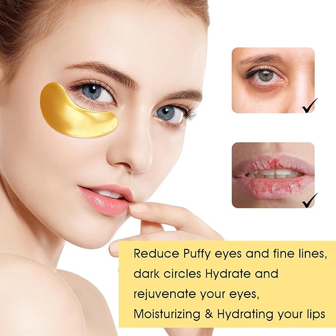 Adofect 40 PCS Under Eye Patches and Gold Lip Mask 24K Gold Eye Mask for Puffy Eyes Collagen Lip Masks and Crystal Eye Mask Reducing Fine Lines for Women and Men