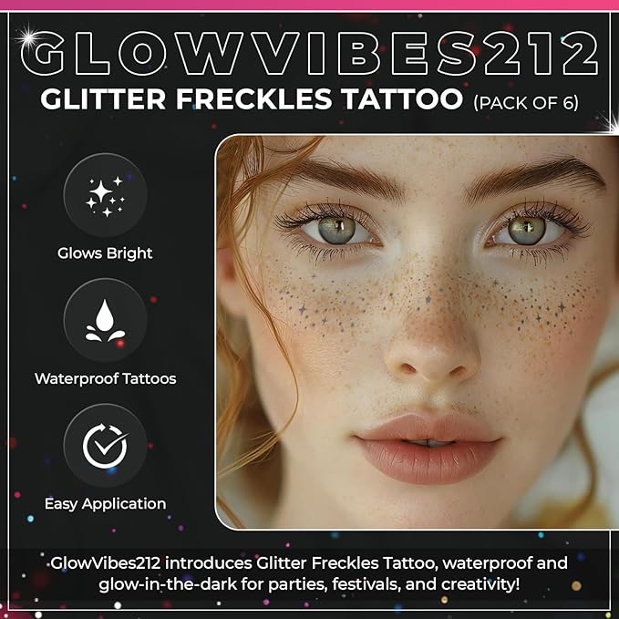 GlowVibes212 Glitter Freckles Face Tattoo - Glow in the Dark Freckles for Parties - Waterproof Face Glitter Freckles - Temporary Freckles - Cute Glow Party Makeup Accessories - 6 count
