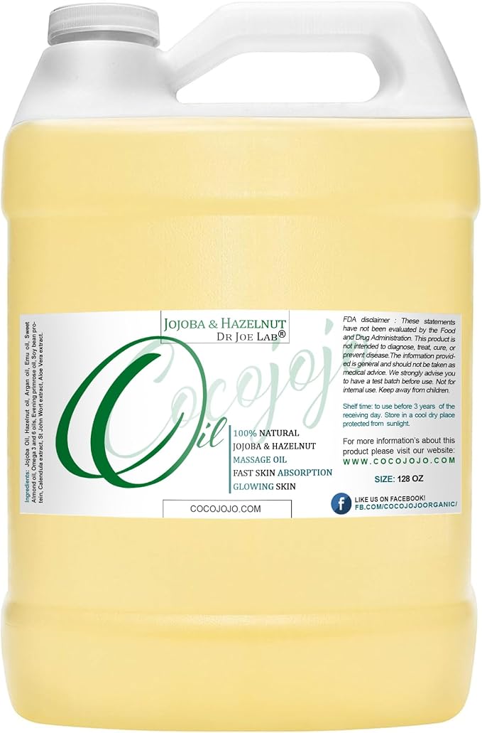 Jojoba and Hazelnut Massage Oil Blend - Bulk 128 oz 1 Gallon - 100% Natural Rich Botanical Mix of Jojoba, Emu, Hazelnut, Argan - for Hair Skin Face Body Deep Tissue Rub Spa Relaxation - Cocojojo