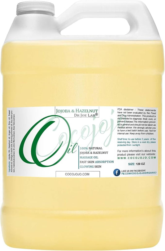 Jojoba and Hazelnut Massage Oil Blend - Bulk 128 oz 1 Gallon - 100% Natural Rich Botanical Mix of Jojoba, Emu, Hazelnut, Argan - for Hair Skin Face Body Deep Tissue Rub Spa Relaxation - Cocojojo