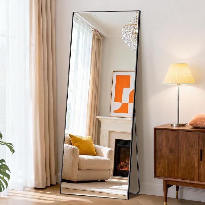 DUMOS 19"x58" Full Length Mirror with Stand, Full Body Floor Mirror | Free Standing or Wall Mount, Nano Glass Aluminum Frame, Hanging or Leaning, Modern Simple Home Decor, Black