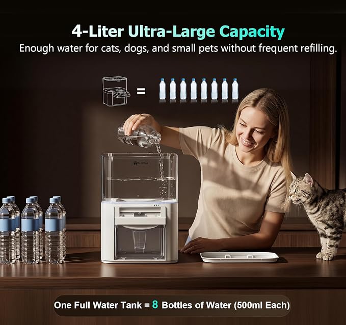 Cat Water Fountain, Wastewater Separation & No Filter Cotton, Pet Water Dispenser with 4000mAh 4L Large Capacity Tank, Wireless Automatic Water Fountains for Cats Indoor Cat Watering Supplies