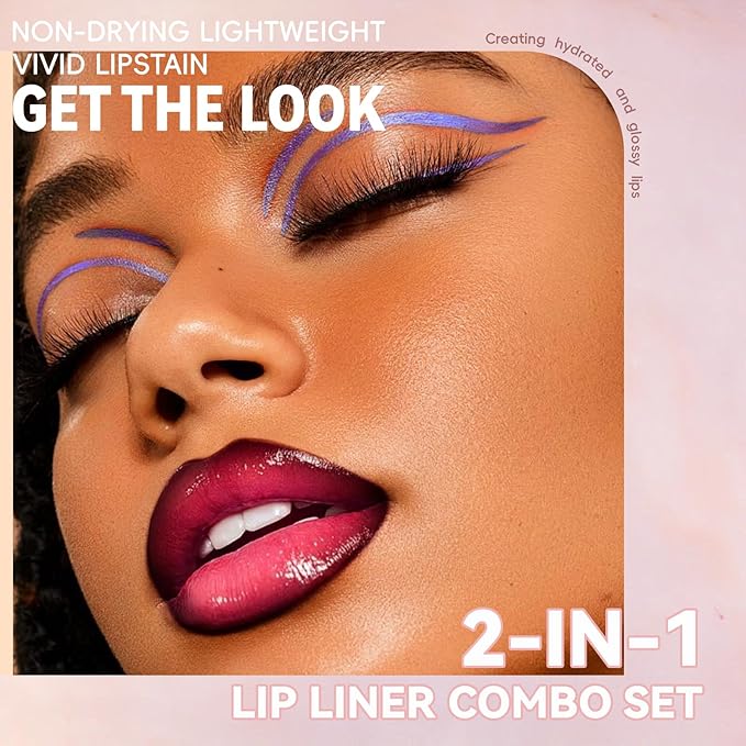 Lip Liner Gloss Lip Combo Set, 2 in 1 Lip Duo Black Lip Liner Lipstick Glossy Nourishing Oxblood Gloss Lip Kit, Smooth Quick Fuller Plumping Moisturizing Lip Makeup for Women02#Black Cherry