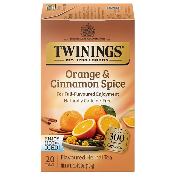 Twinings Orange & Cinnamon Spice Tea, Naturally Caffeine-Free Sweet and Spicy Tea with Rooibos, Orange, and Cinnamon, Herbal Tea Bags Individually Wrapped, 20 Count
