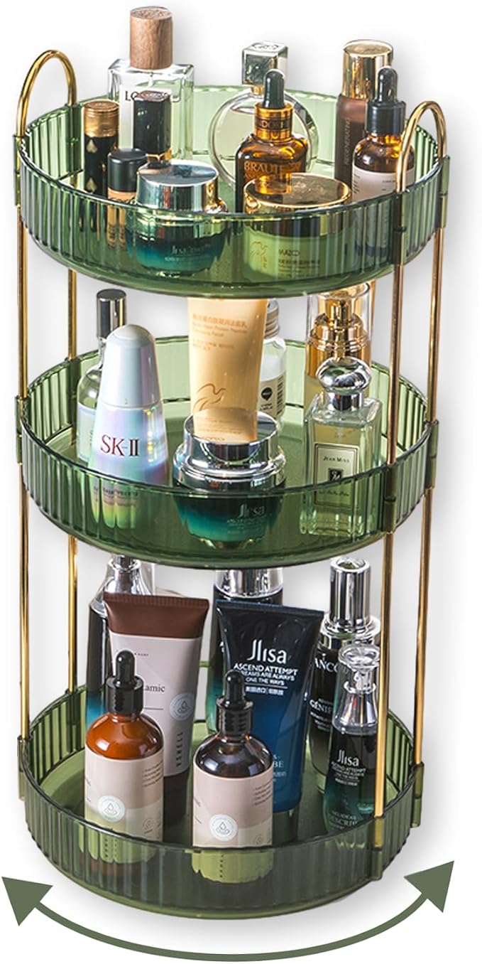 Asayuee 360 Rotating Perfume Organizer,3 Tier Large Capacity Make Up Organizers and Storage,Makeup Organizer for Bathroom,Cosmetic Perfume Stand Holder (Green-3 Tier)
