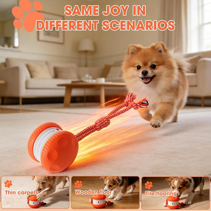 Interactive Dog Toy,Random Path Automatic Electric Rolling Toy with Rope,Motion-Activated Dog Stimulation Toy for Chewing and Playing,Boredom Relief,for Small Medium Large Dogs (Orange)