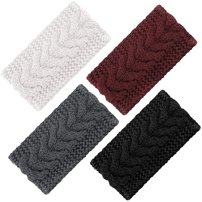 4 Pieces Winter Ear Warmers Headbands Women Warm Knitted Headband Braided Crochet Head Wraps (Black, Fuchsia, Dark Grey, Beige)