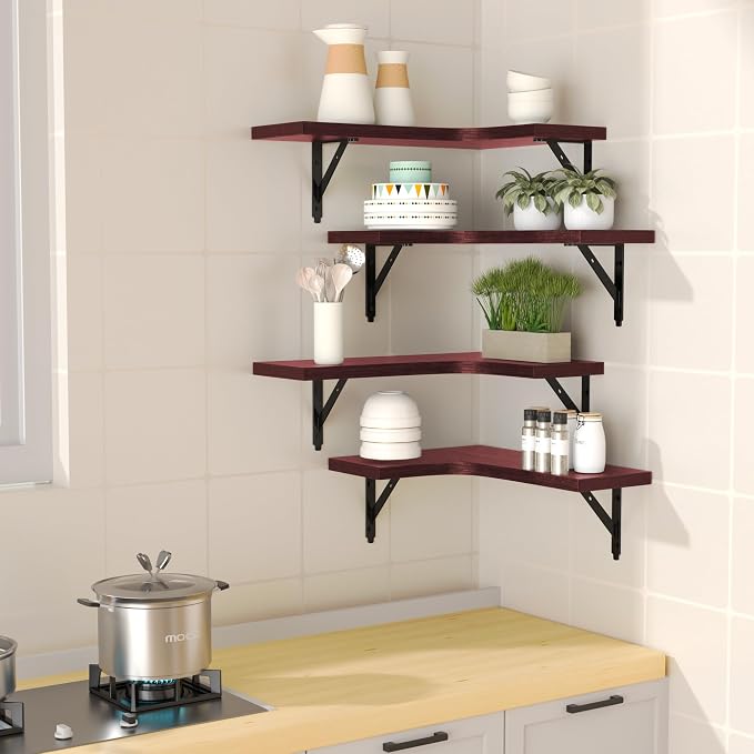 ROMGUAR CRAFT Corner Floating Shelves Wall Mounted Set of 4, Rustic Wood Storage Display Shelves for Home Decor, Bathroom, Kitchen, Bedroom, Living Room, Office (Red)