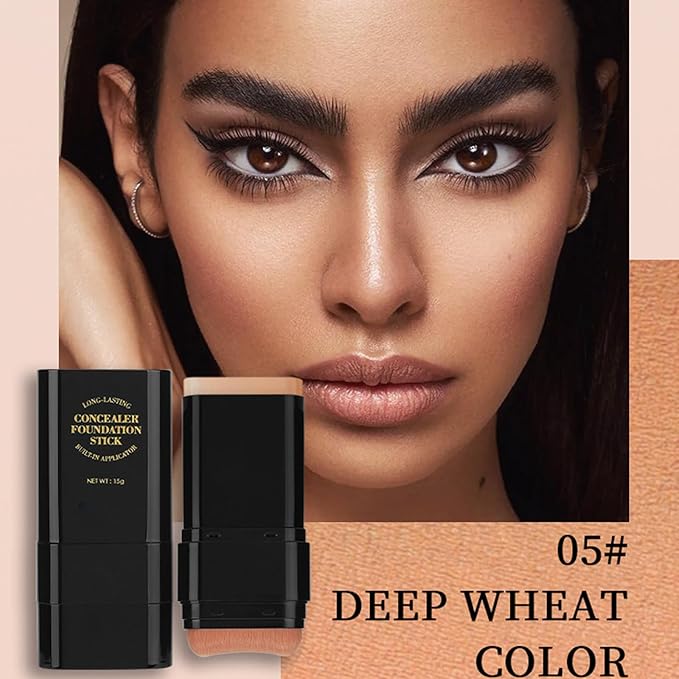 Concealer Foundation Stick,2 in 1 Long-Lasting Concealer Contour Sticks with Brush,Full Coverage for Dark Circles &Blemishes,Korean Waterproof Stick Foundation for All Skin Tones(05DEEP WHEAT)