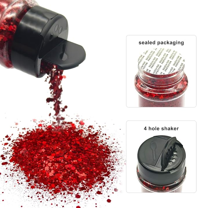 Red - Craft Glitter - 2oz Glitter Shaker Bright Colorful Holographic Mix Chunky Body Glitter Bulk Wholesale 24 Colors in Shaker Cosmetic Glitter - EBLB300