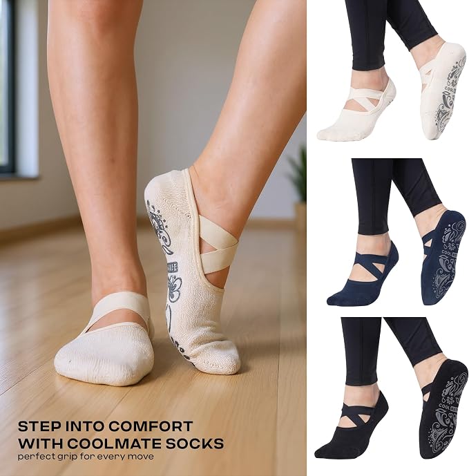 COOLMATE Pilates Socks with Grips for Women, Yoga Socks, Crew Non Slip Women for Barre, Pilates Gifts for Women