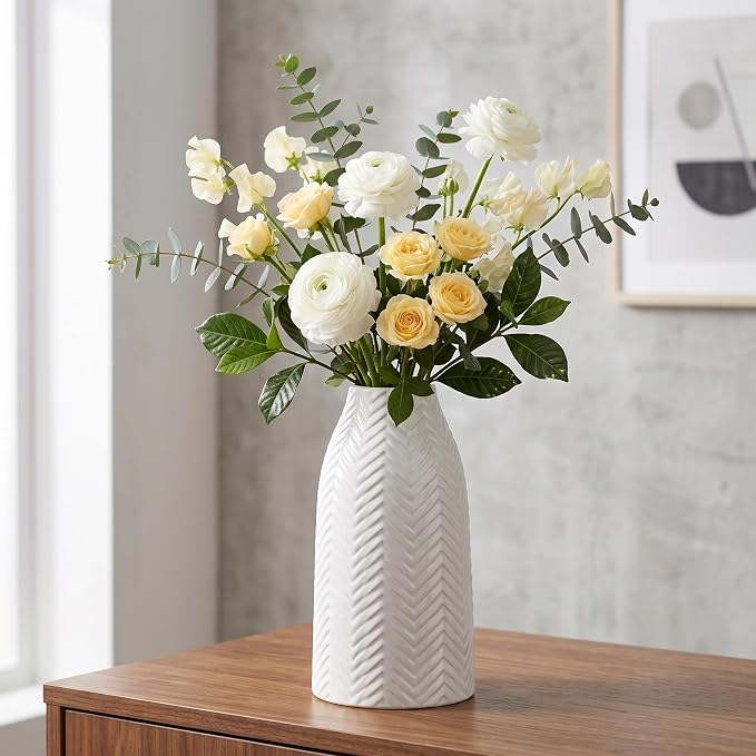 hjn White Vase for Flowers Ceramic Vase for Decor, Modern Decorative Tall Vases for Your Kitchen/Office/Living Room/Bookshelf/Mantel - White Texture(Medium)