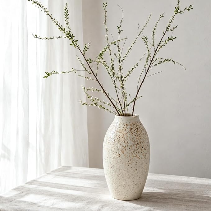 Cream Ceramic Flower Vase Speckled Bubble Glaze Home Decor | 7.08 Inch Rustic Table Vase, Decorative Ornament for Living Room,Office,Wedding,Birthday