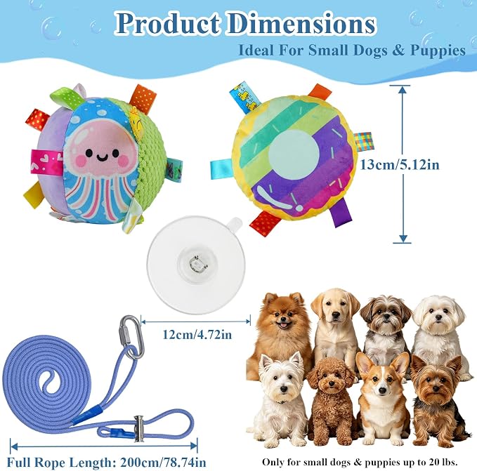 Colorful Squeaky Hanging Dog Toy with Suction Cup for Small Dogs | Bungee Tether, Crinkle Bell Ball, Bouncing Self-Play Toy, Door Frame Mounted, Interactive Fetch for Puppy Teething & Exercise