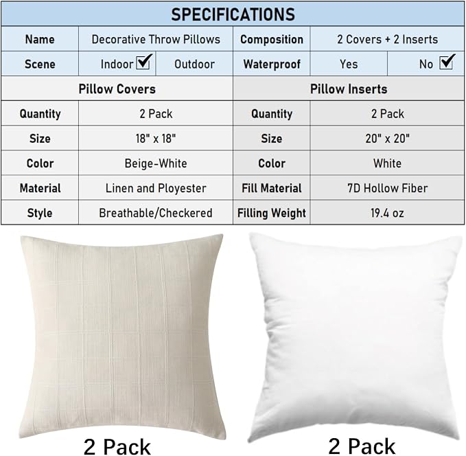 18" x 18" Decorative Throw Pillow with Inserts, Set of 2 Modern Neutral Farmhouse Vintage Throw Pillows, Square Boho Pillow for Couch, Bed, Sofa Decor (Beige, 18" x 18"(Pack of 2))