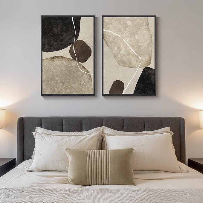 Framed Neutral Abstract Wall Art Set of 2, Modern Black Beige Brown Canvas Prints Paintings Artwork for Walls, Minimalist Stone Shape Pictures for Bedroom Dining Room Living Room Wall Decor 16x24 In