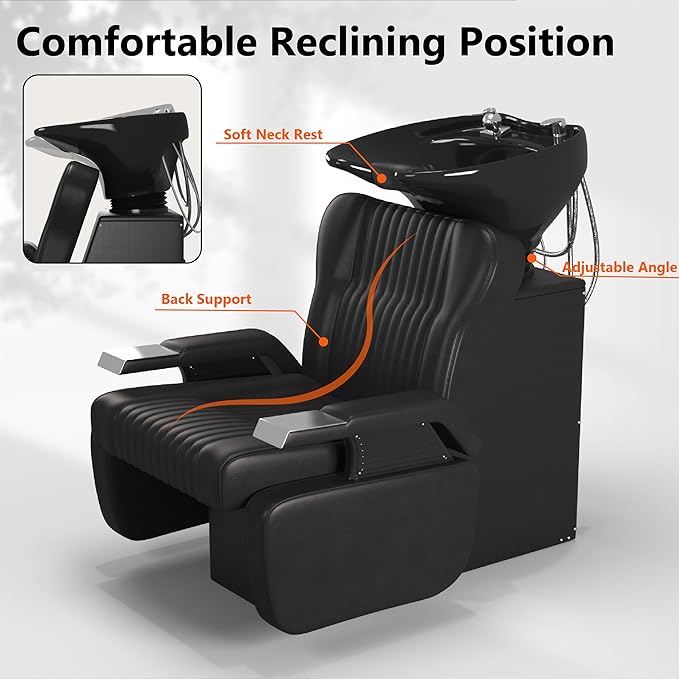 Barber Backwash Chair, Salon Shampoo Bowl and Chairs, Shampoo Unit with Neck Rest, Hair Washing Station with Ceramic Bowl, Shampoo Bowl Sink Chair Station for Spa Beauty Salon, Black