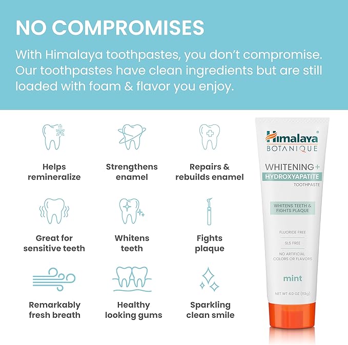 Himalaya Botanique Whitening + Hydroxyapatite Toothpaste, Mint Flavor - Nano Hydroxyapatite to Support Remineralization and Restore Enamel to Strengthen Teeth - Vegan, Gluten Free, 4 oz (Pack of 4)