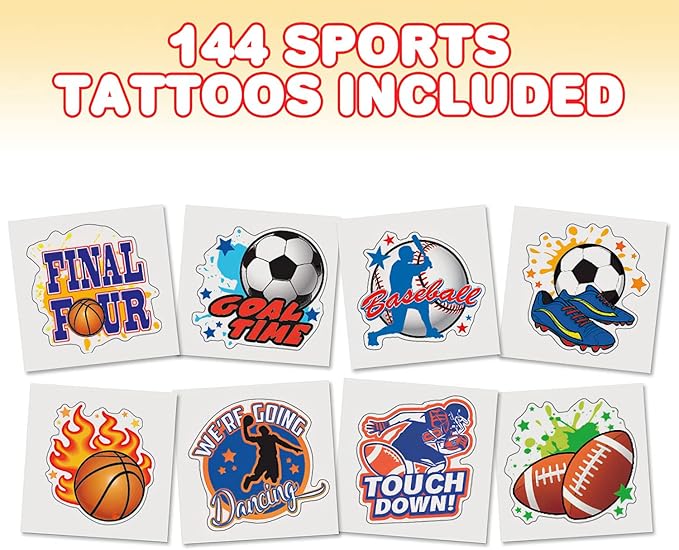 ArtCreativity Sports Individual Pre-Cut Temporary Tattoos for Kids - Pack of 144 Kids Sport Tattoos Non-Toxic 2 Inch - Soccer, Baseball, Football, Basketball Party Favors and Goodie Bag Stuffers