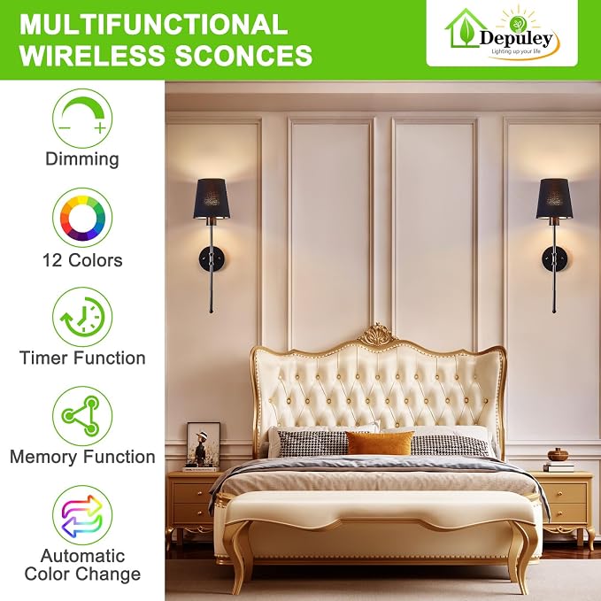 Depuley Battery Operated Wall Sconce: 24" Set of 2 Wireless Wall Lights with Remote for Bedroom - Rechargeable 15 Colors Black Wall Lamp for Living Room Hallway Home Decor