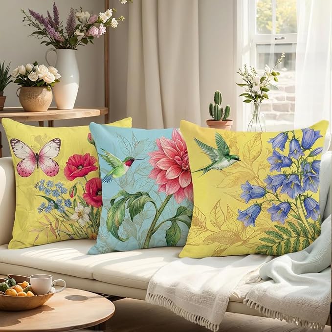 wyooxoo Spring Summer Pillow Covers 18x18 Set of 4 Decorative Throw Pillow Covers Linen Flower Butterfly Farmhouse Pillowcases for Sofa Couch Living Room Outdoor