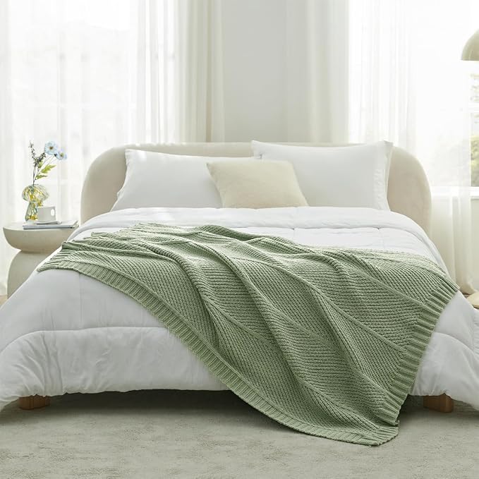 Knit Throw Blanket, Soft Chenille Cozy Breathable Chevron Chunky Decorative Blanket for Couch, Bed & Sofa, French-Inspired Lightweight Warm Gift for Women, Sage Green, 50"x60"