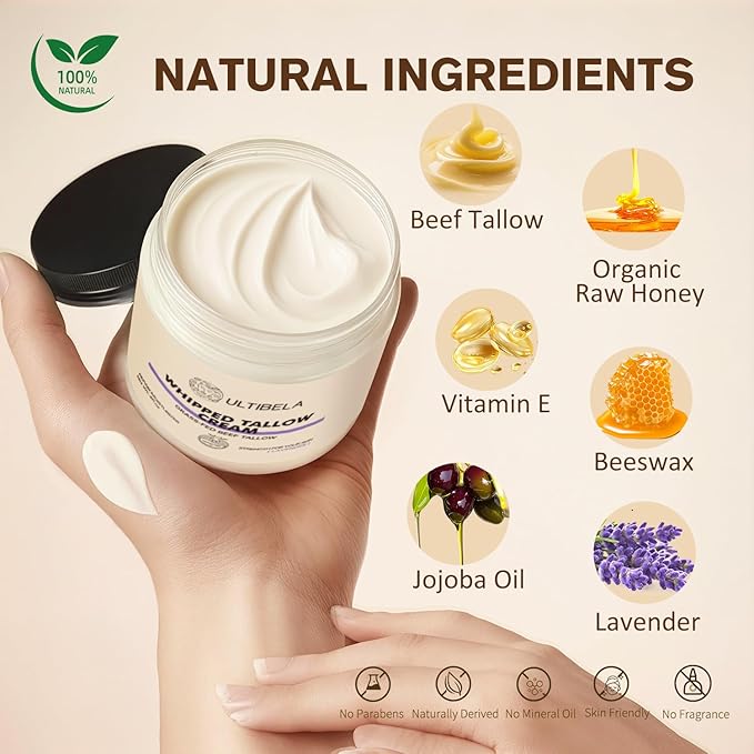100% Grass-Fed Handmade Beef Tallow for Skin Care, Whipped Tallow and Honey Balm for Body ＆ Face Natural Body Cream for Dry & Sensitive Skin, 4OZ (Lavender)